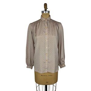 Vintage 80s Polka Dot Shirt Womens Medium Beige Black Button Down Top